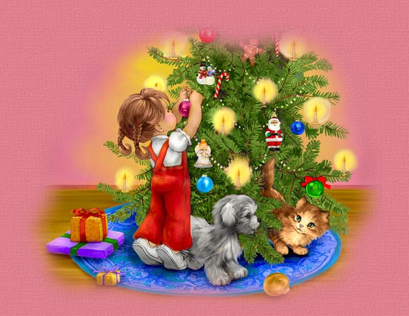Girl Decorating Christmas Tree — Pink
