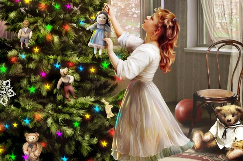 Girl Decorating Christmas Tree