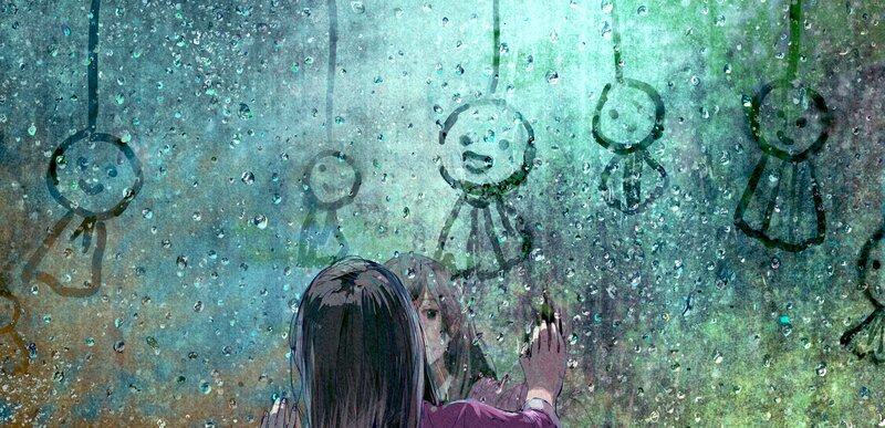 Girl Drawing on Wet Window