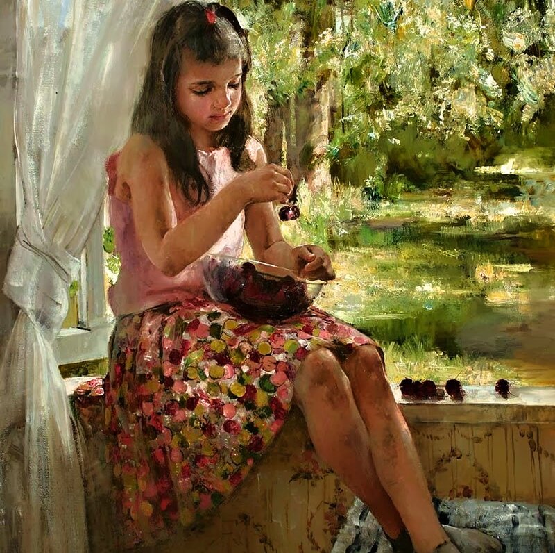 Girl Eating Cherries — Green