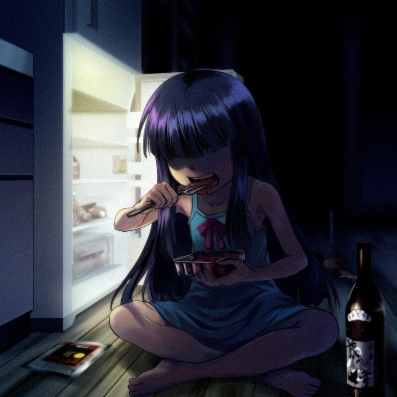 Girl eating from fridge at night
