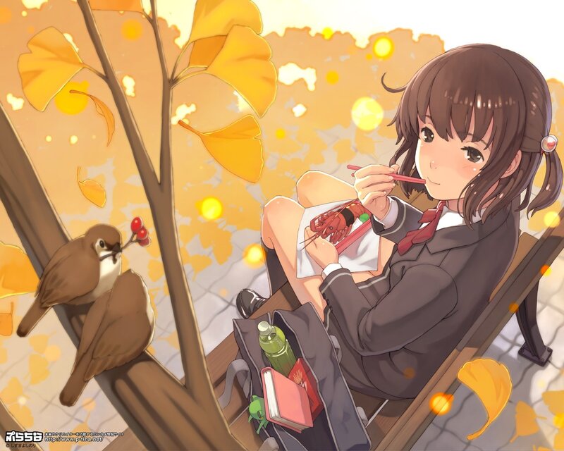 Girl eating lunch in autumn