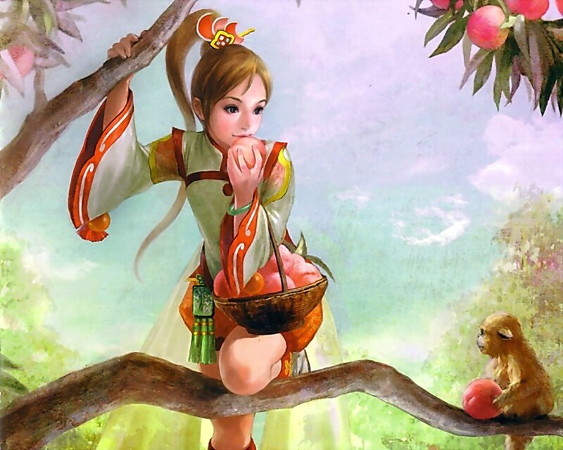 girl eating peach on tree