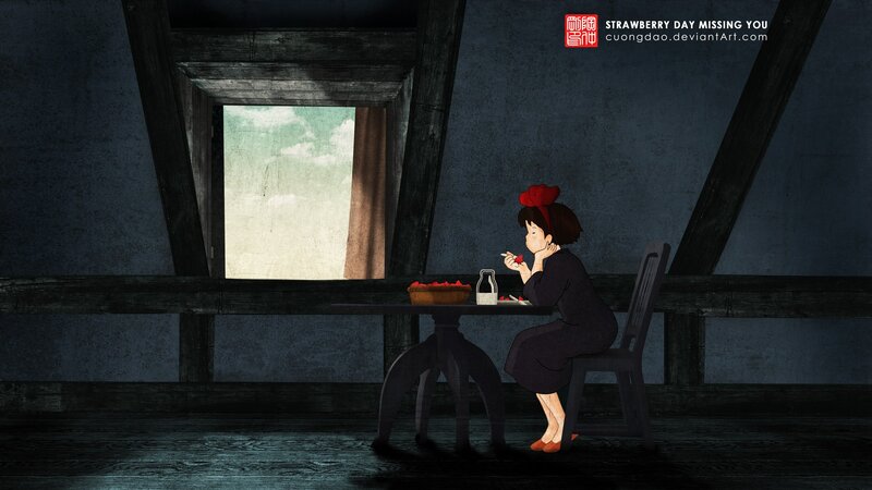 girl eating strawberries in attic