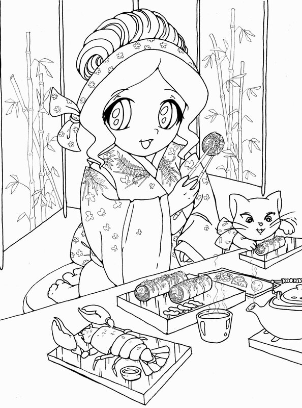 girl eating sushi with cat