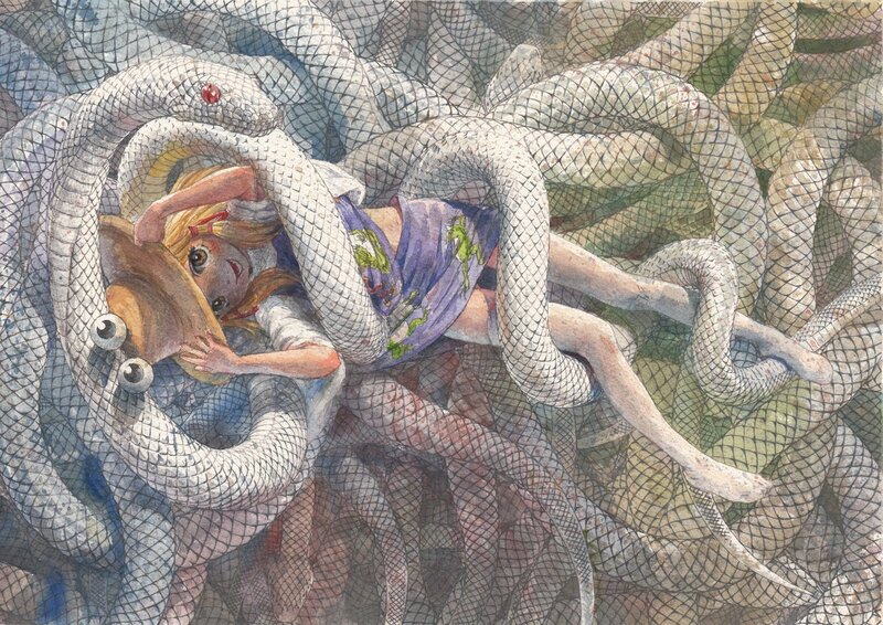 Girl entwined by snakes
