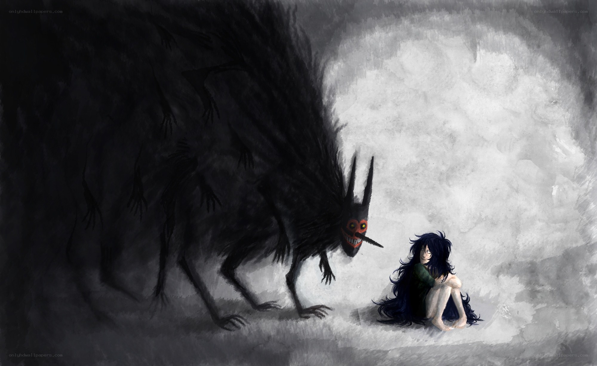 Girl facing a dark monster