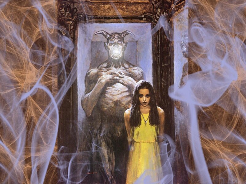 girl facing a demon in a mirror