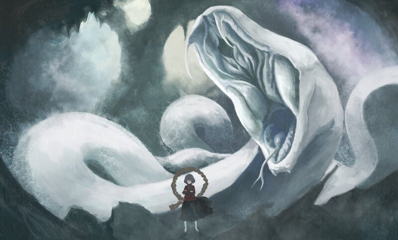 girl facing a giant serpent