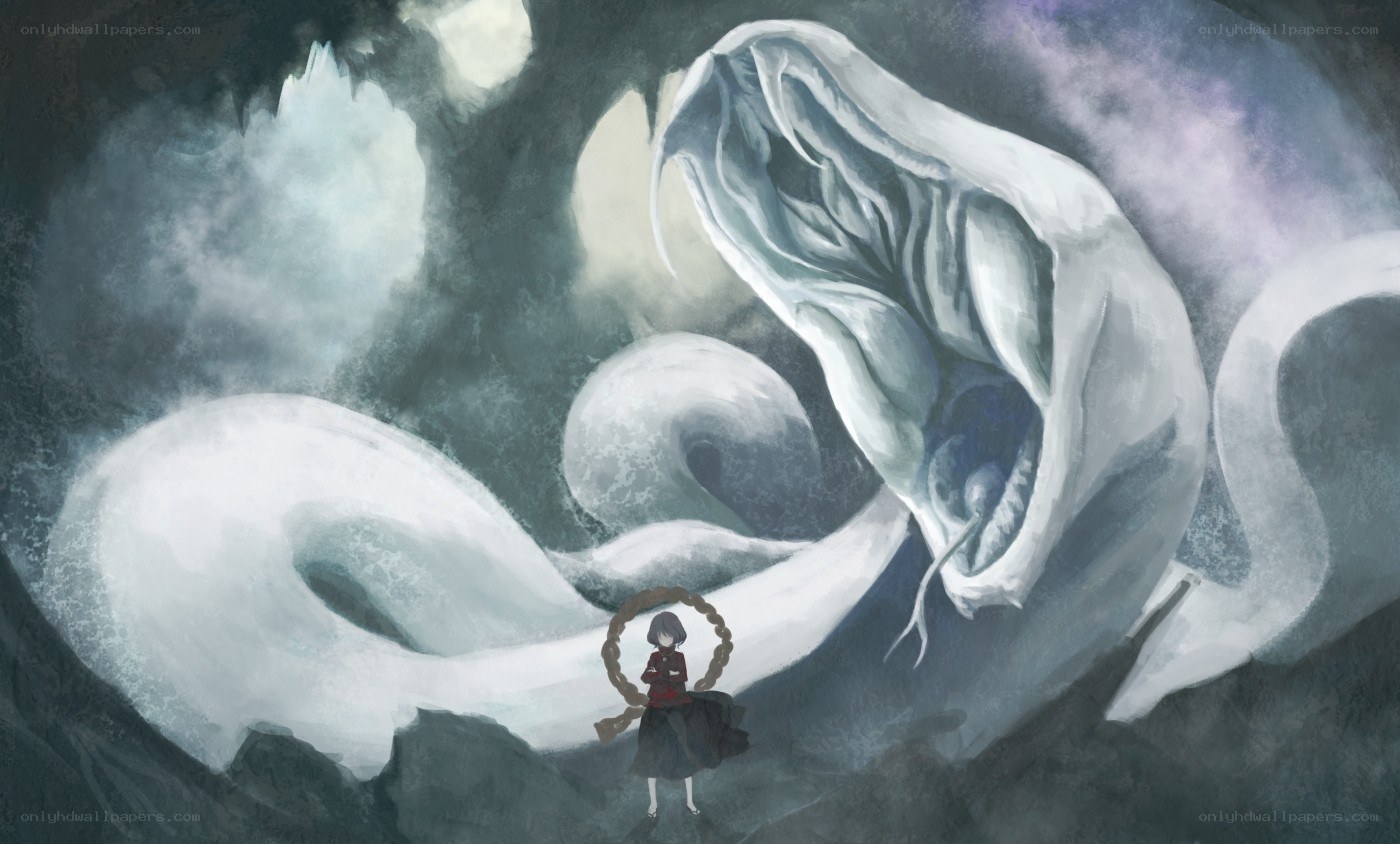 girl facing a giant serpent