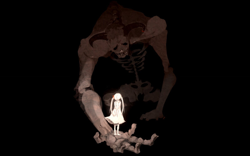 Girl facing a giant skeleton