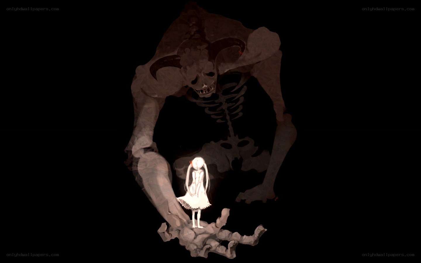 Girl facing a giant skeleton