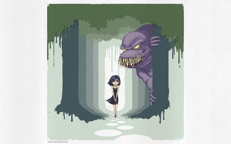 Girl facing a monster