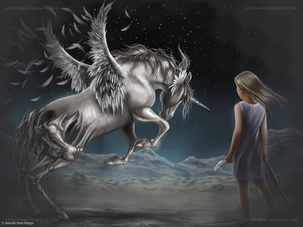 Girl facing a winged unicorn