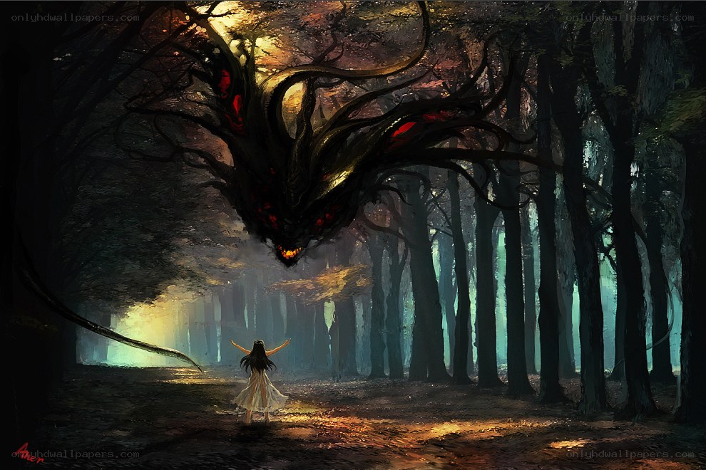 girl facing forest monster