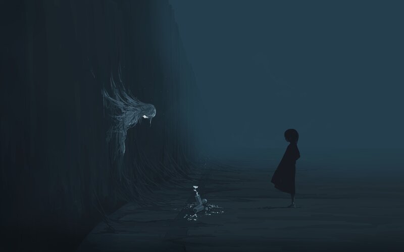 Girl Facing Ghostly Figure — Blue