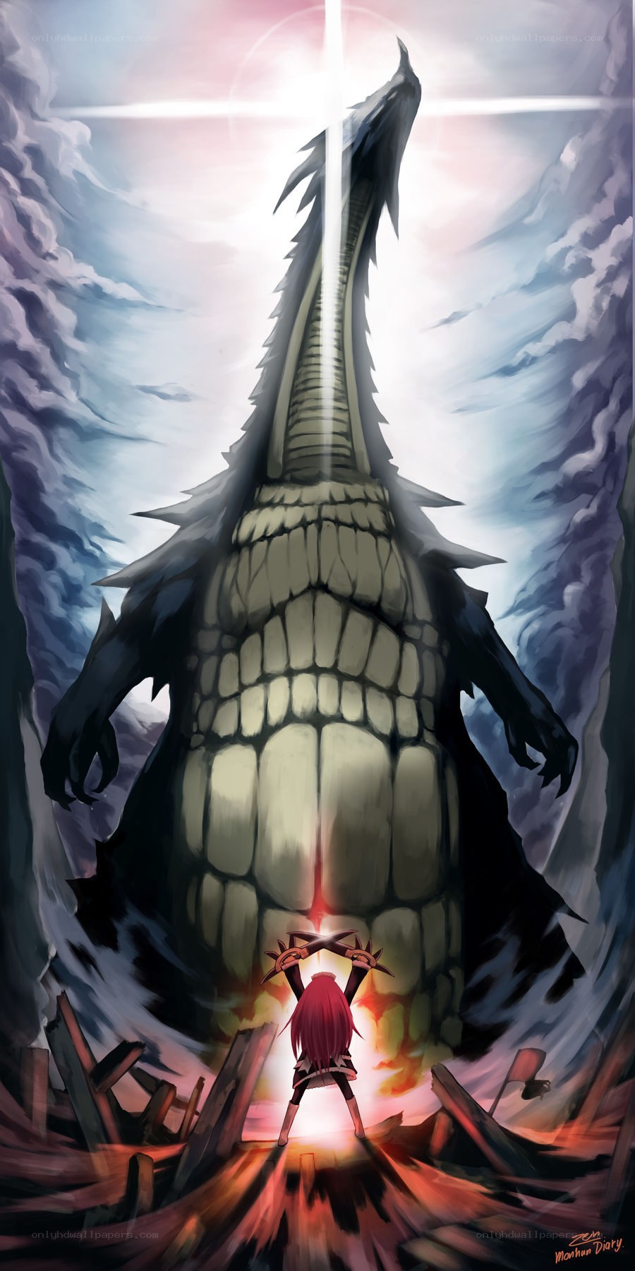 Girl facing giant dragon