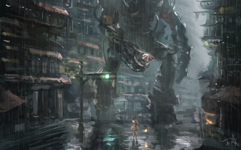 Girl facing giant monster in rain