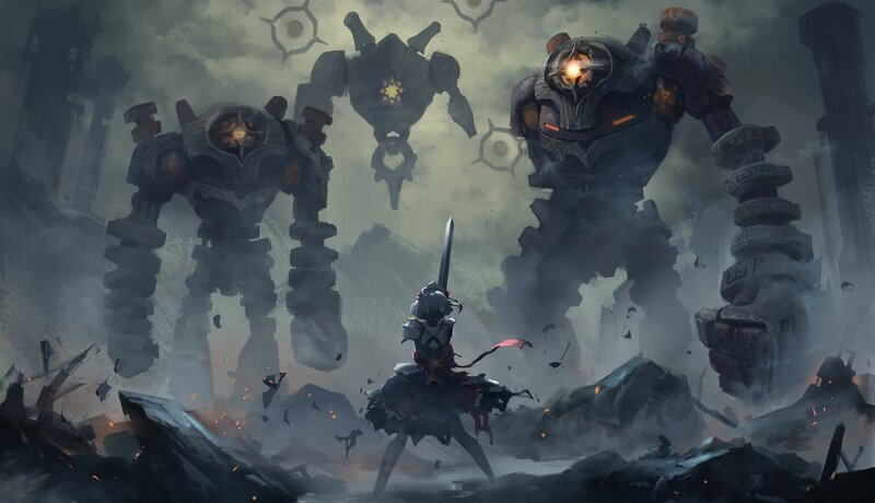 Girl Facing Giant Robots