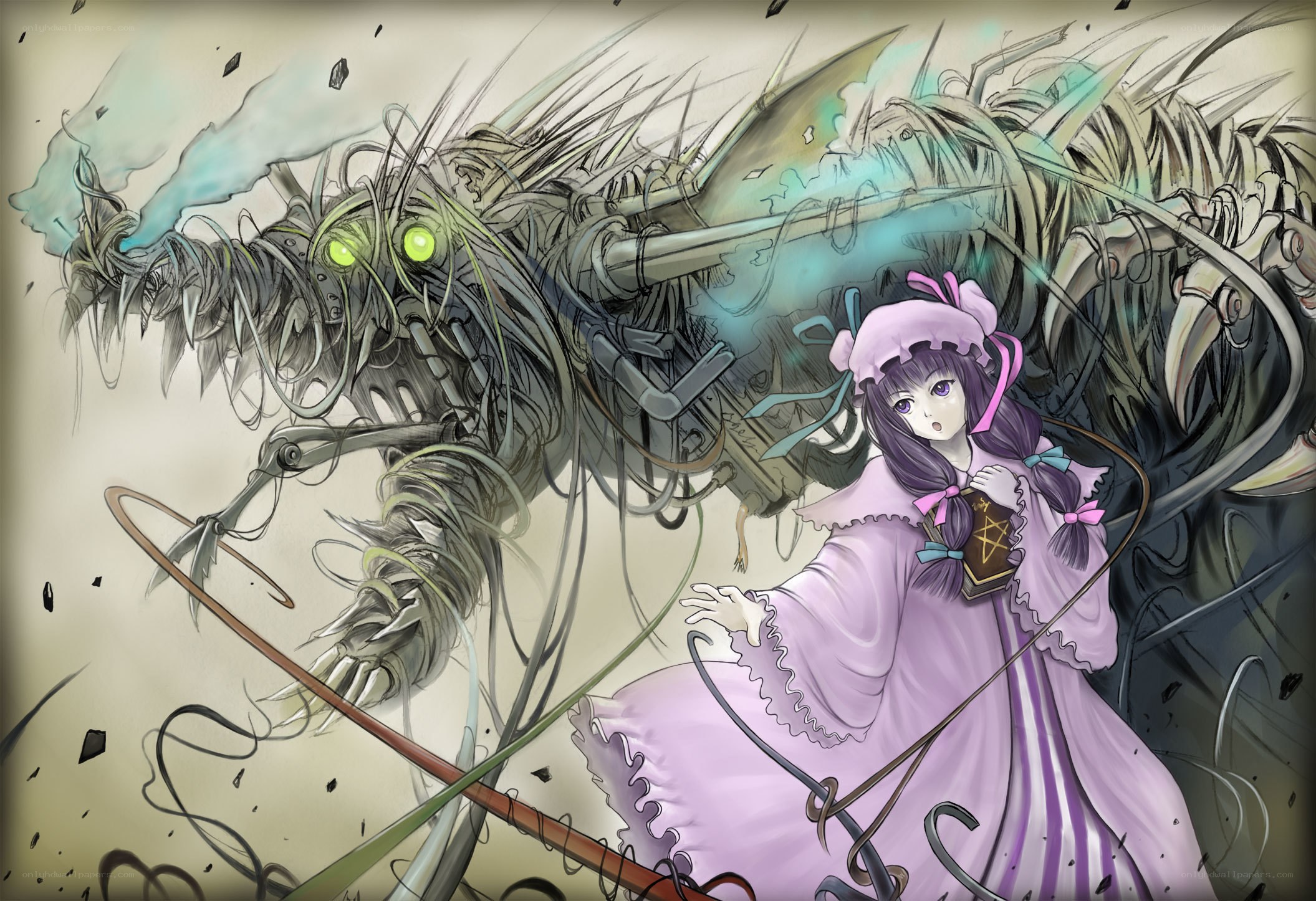 Girl facing mechanical monster