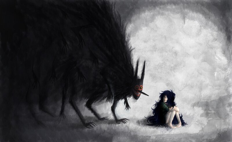 Girl Facing Monster — Black, Dramatic