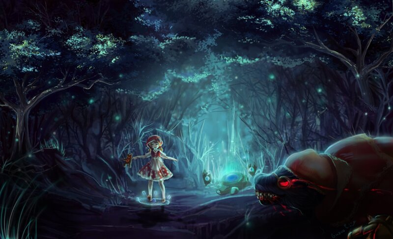 Girl Facing Monster — Dark Blue