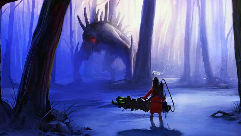 Girl facing monster in forest