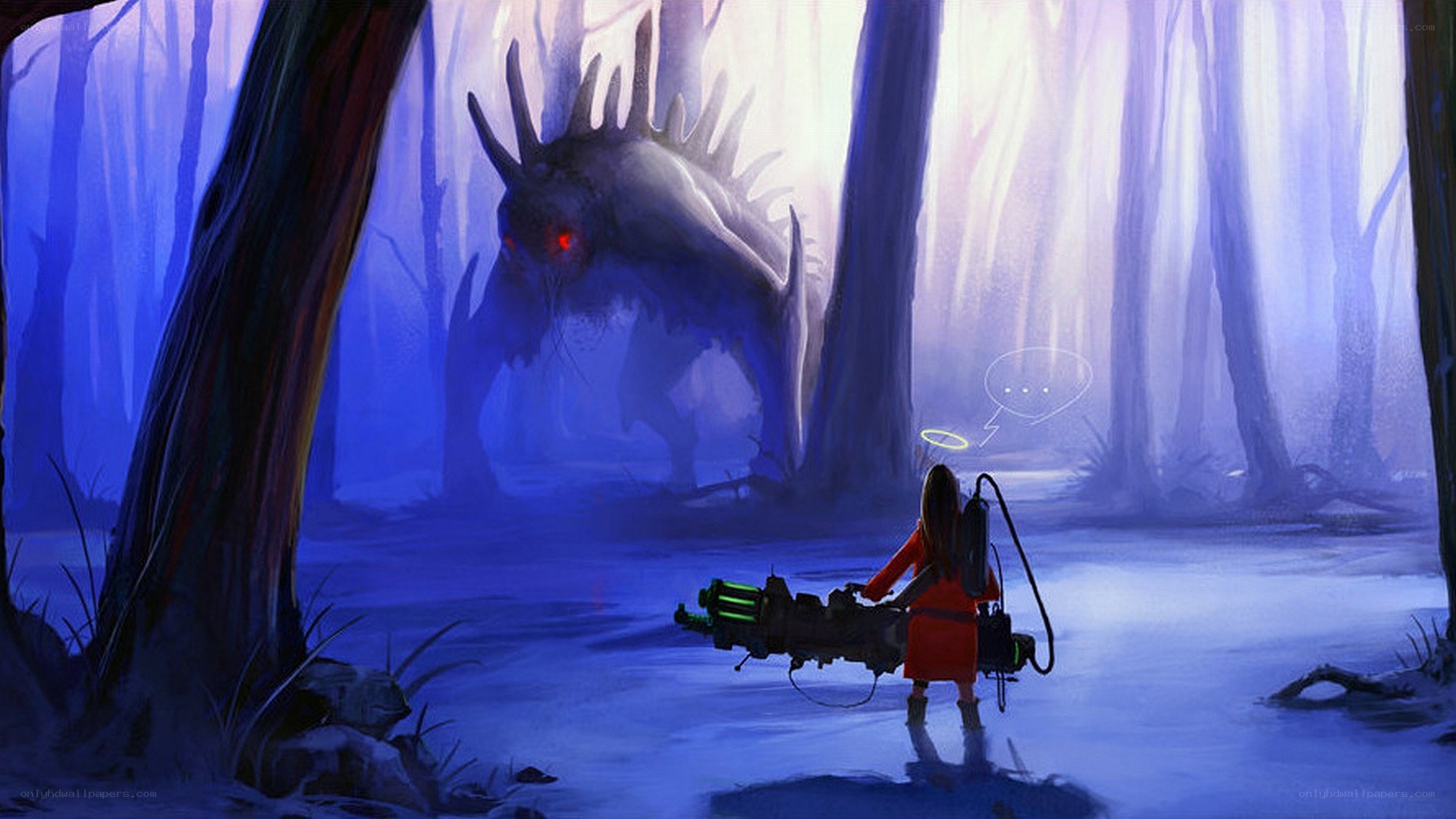 Girl facing monster in forest