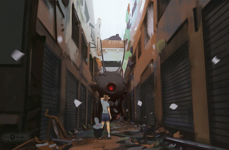 Girl Facing Robot in Alley