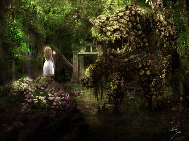 Girl Facing Stone Monster