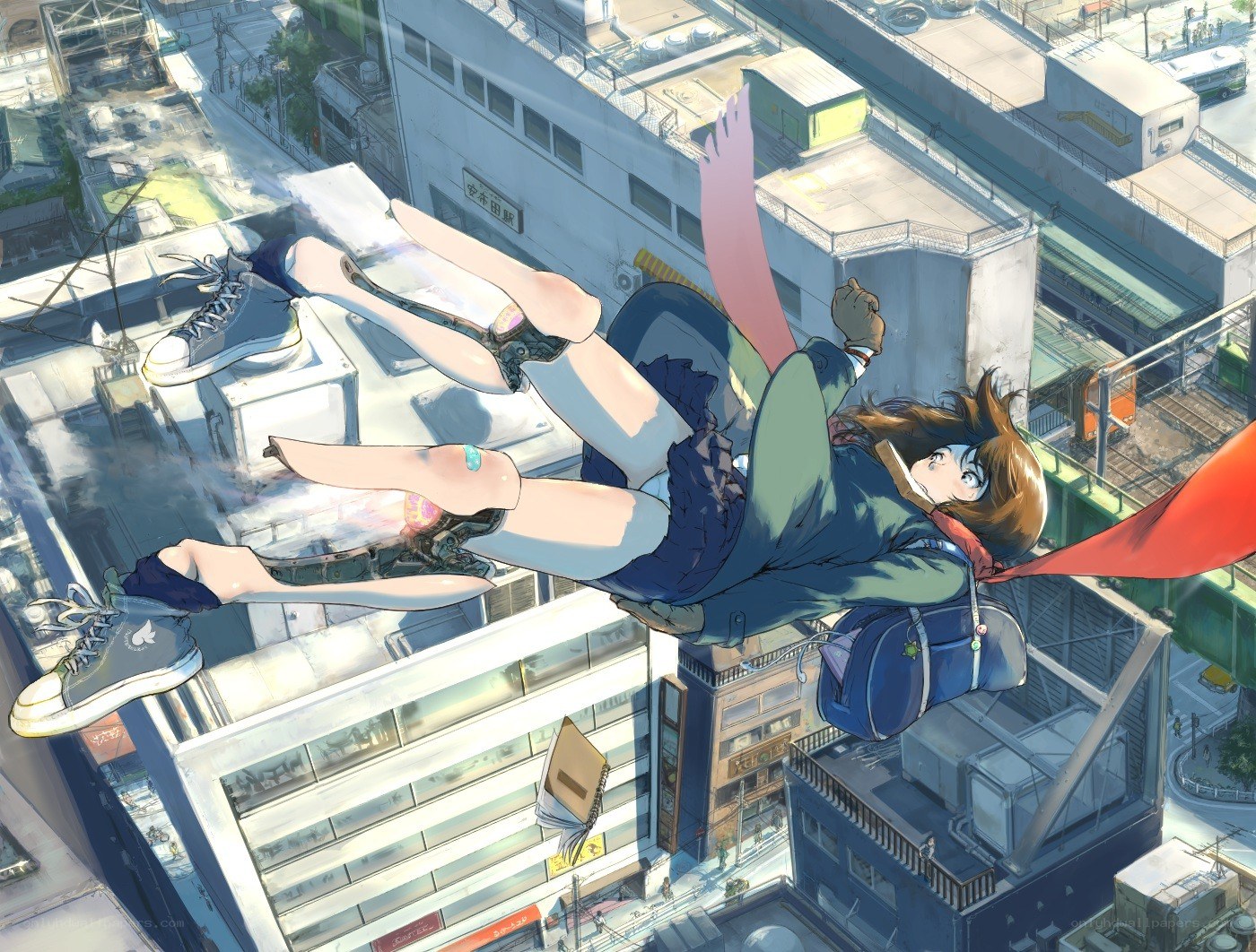 Girl falling over city