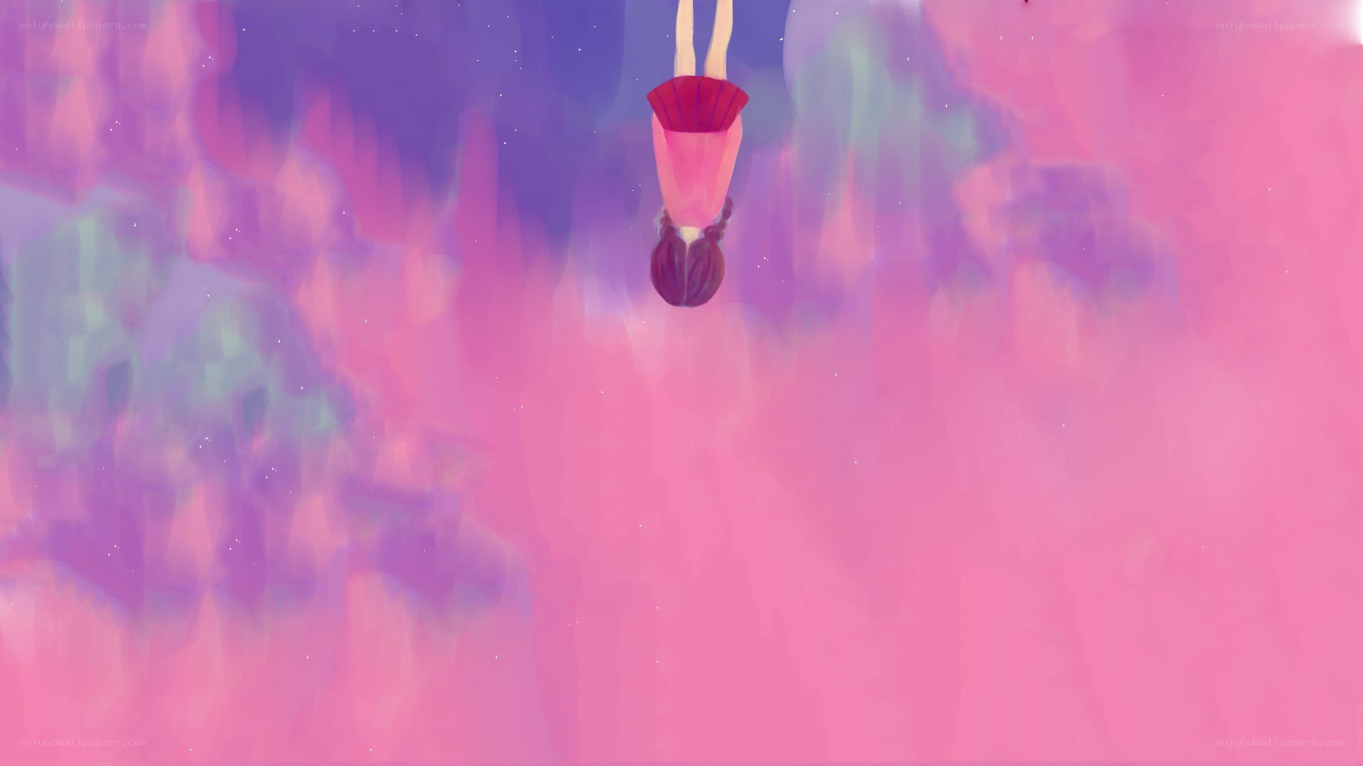 girl falling through pink sky