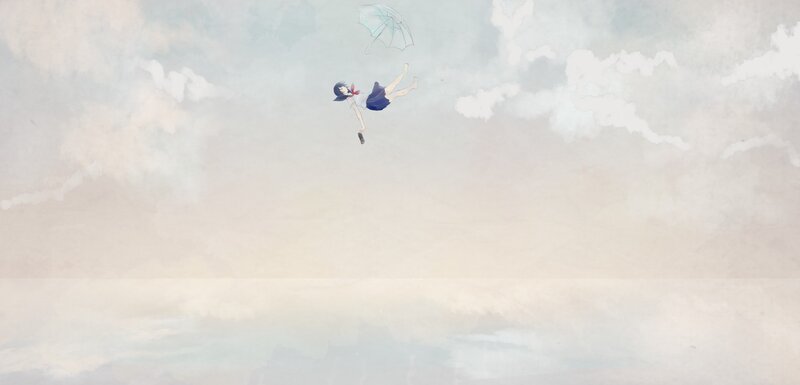 Girl Falling with Umbrella — White