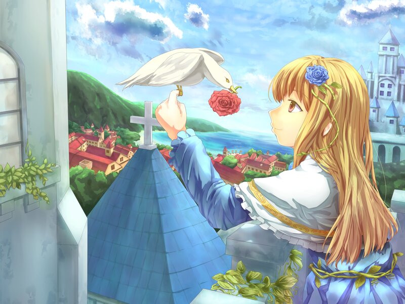 girl feeding bird with rose