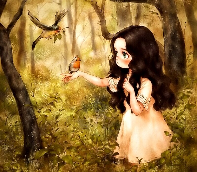 Girl Feeding Birds — Green