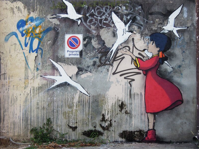 Girl Feeding Birds — Red