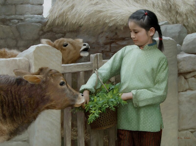 Girl Feeding Calves — Green