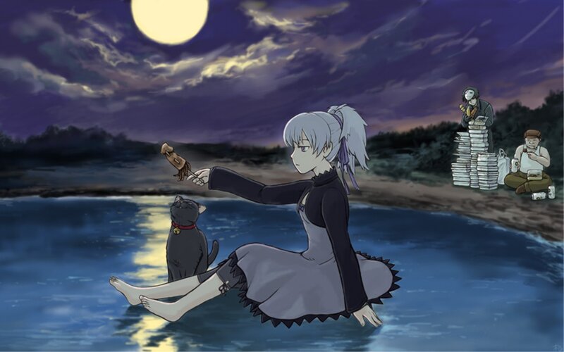 Girl feeding cat by moonlight