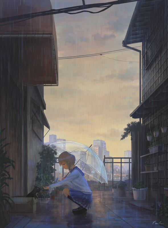Girl Feeding Cat in Rain