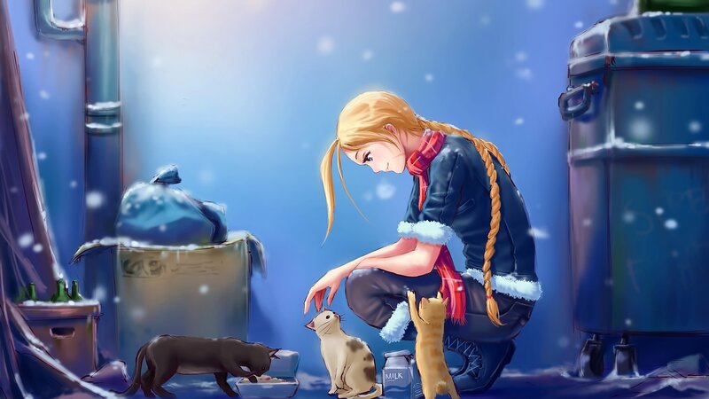 Girl Feeding Cats — Blue