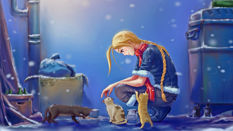 Girl Feeding Cats