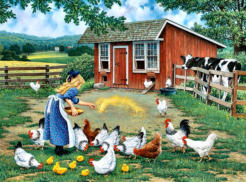Girl Feeding Chickens — Green, Peaceful