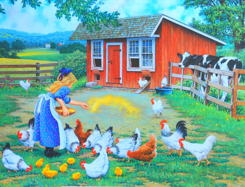 Girl Feeding Chickens — Green