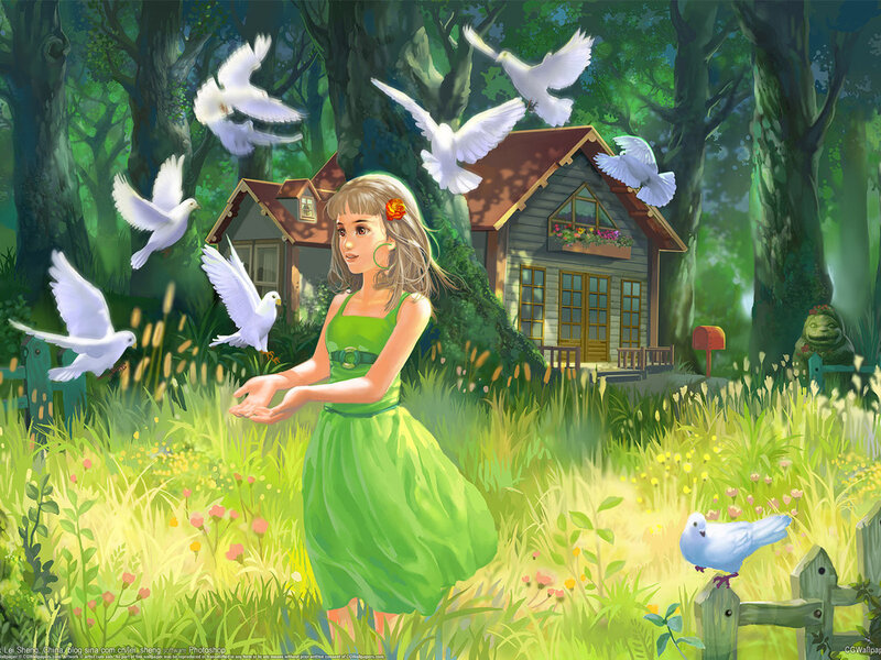 Girl Feeding Doves — Green