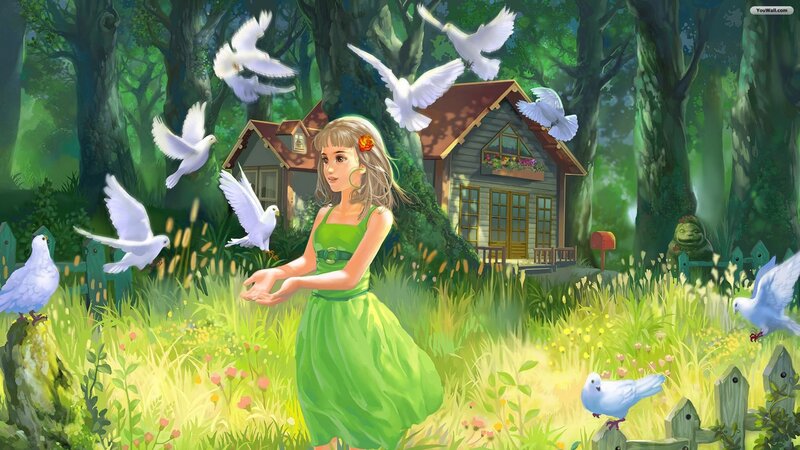 Girl feeding doves in a forest