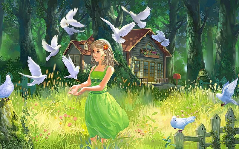 Girl feeding doves in a forest