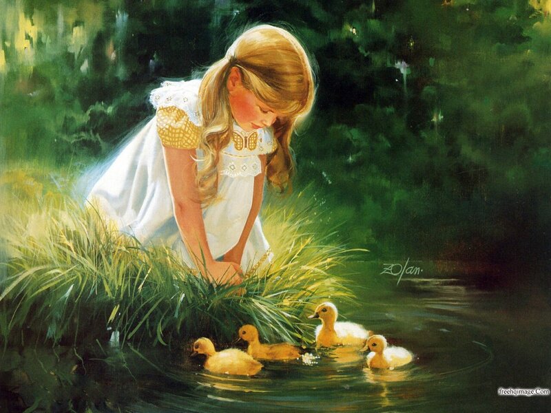 Girl Feeding Ducklings — Green