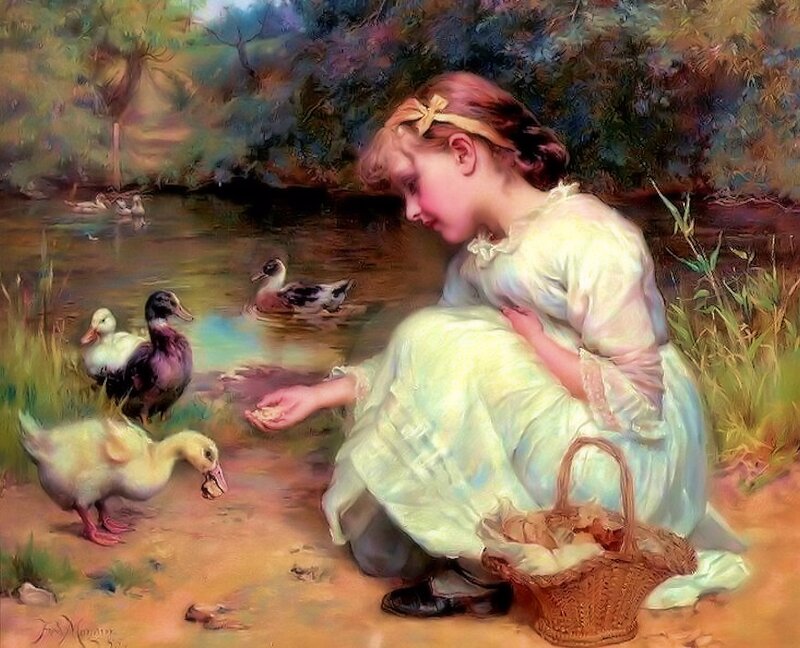 Girl Feeding Ducklings — White