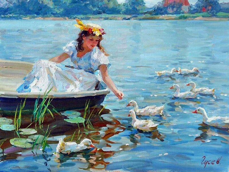 Girl Feeding Ducks — Blue