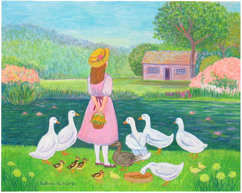 Girl feeding ducks by a pond